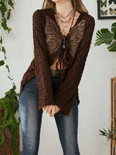 Voguable Lace Butterfly Patchwork Cardigan Top for Y2K Aesthetics Brown Bandage Long Sleeve T Shirts Grunge Fairycore